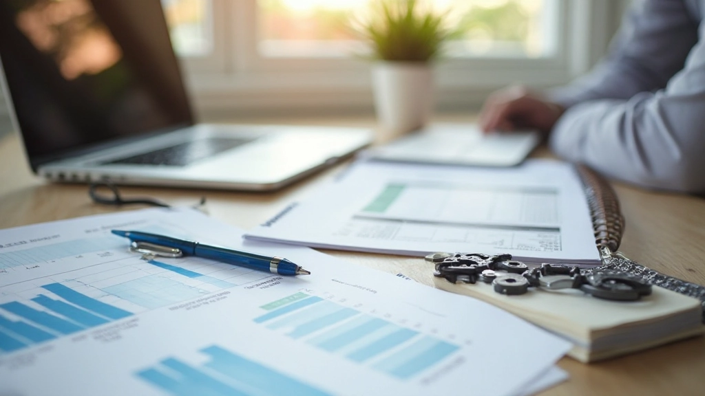 Профессиональное изображение рабочего стола с финансовыми документами и ноутбуком для планирования бюджета