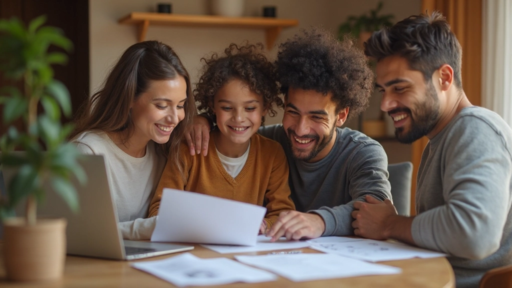 Семья планирует финансы за обеденным столом с документами и ноутбуком