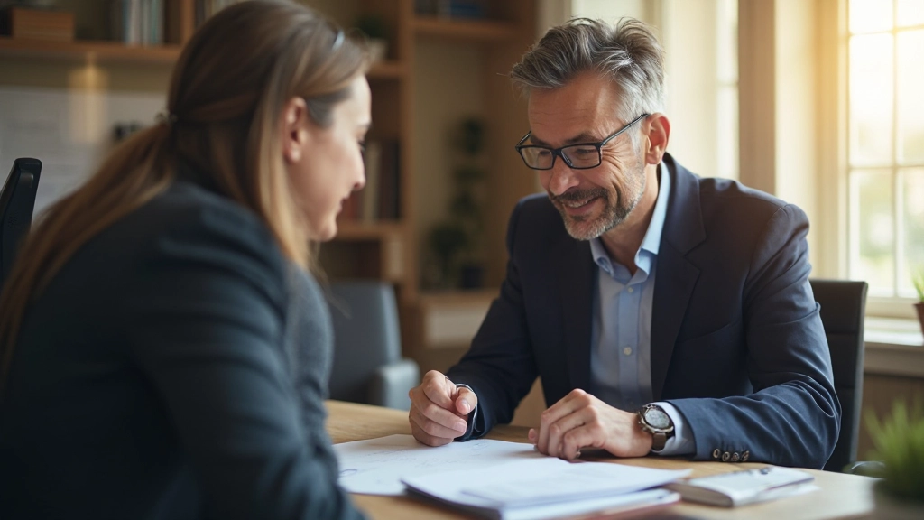 Профессиональное фото финансового консультанта, анализирующего пенсионный план с клиентом за столом