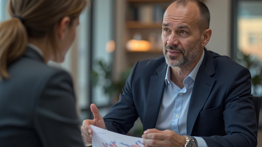 Финансовый консультант показывает инвестиционные стратегии клиентке среднего возраста в офисе