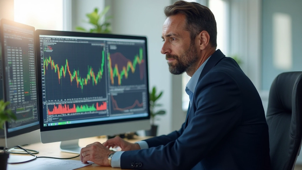 Инвестиционный консультант анализирует графики акций на мониторе компьютера в офисе