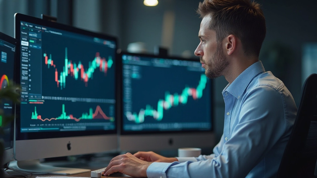 Молодой инвестор анализирует графики рынка на компьютере в инвестиционном офисе