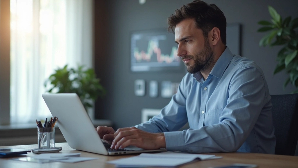 Профессиональная фотография человека, анализирующего финансовые данные на экране портативного компьютера в современном офисном пространстве
