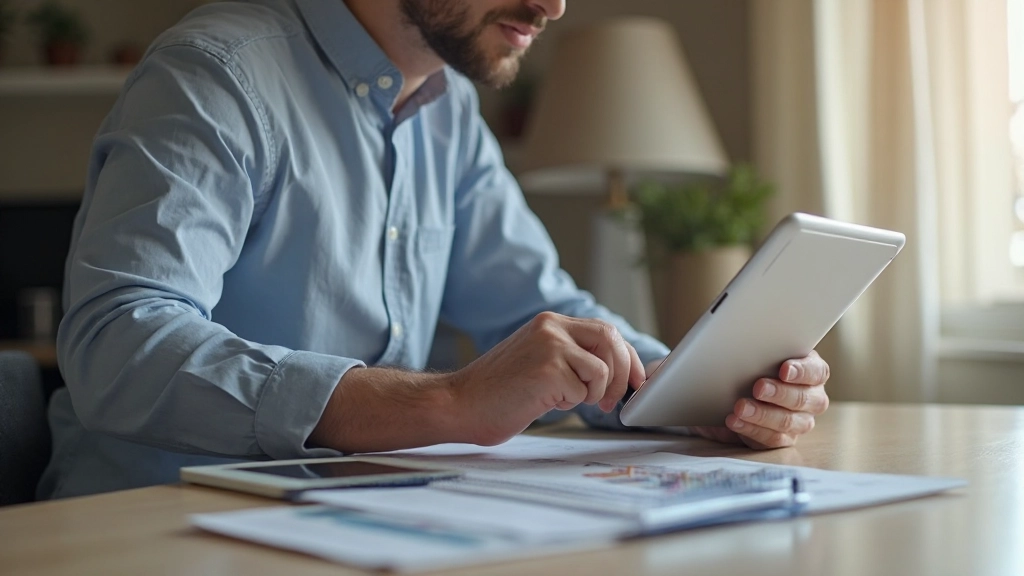 Человек, планирующий бюджет с помощью приложения на планшете и финансовых документов