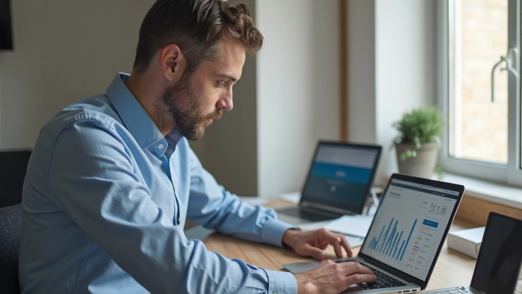 Человек анализирует финансовые данные и графики на портативном компьютере