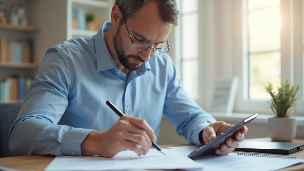 Человек анализирует бюджет и расходы с калькулятором и блокнотом