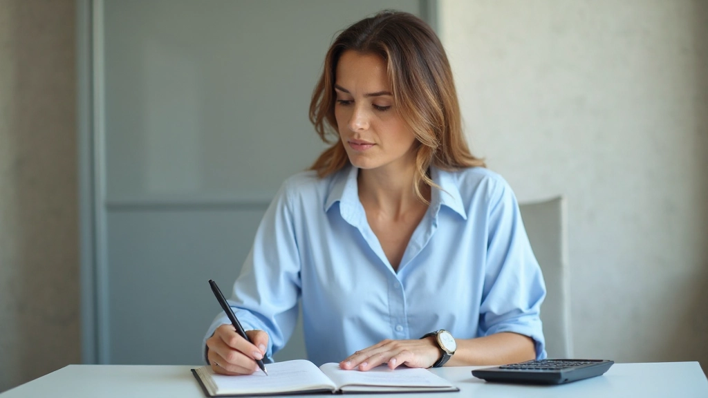 Женщина планирует личный бюджет с блокнотом и калькулятором на офисном столе