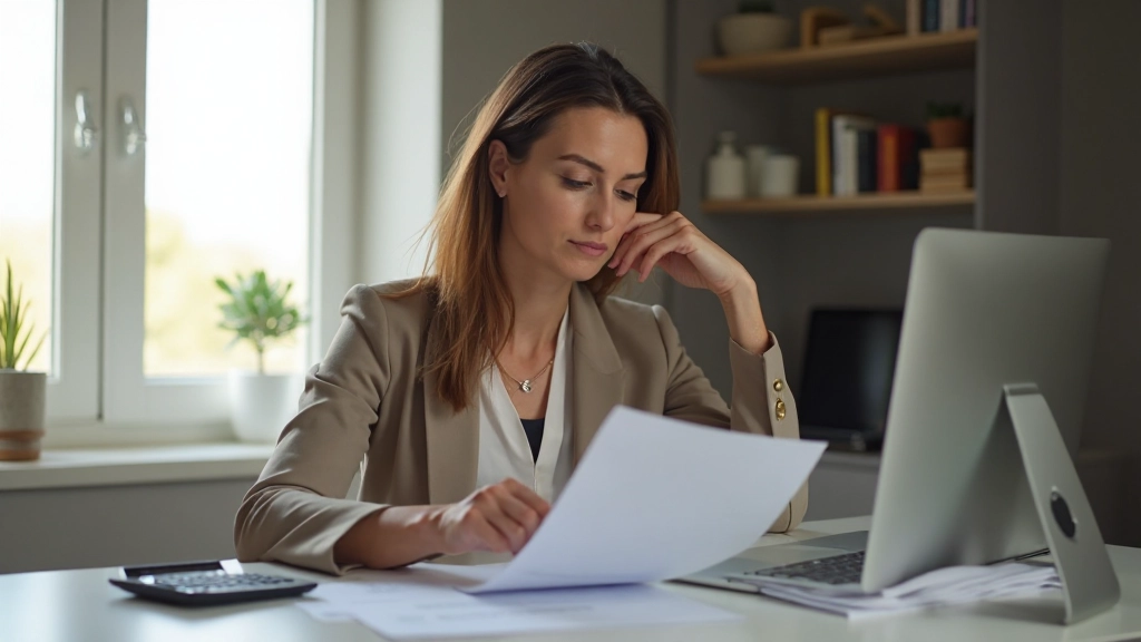 Женщина, размышляющая о финансовых решениях, сидит за столом с калькулятором и документами