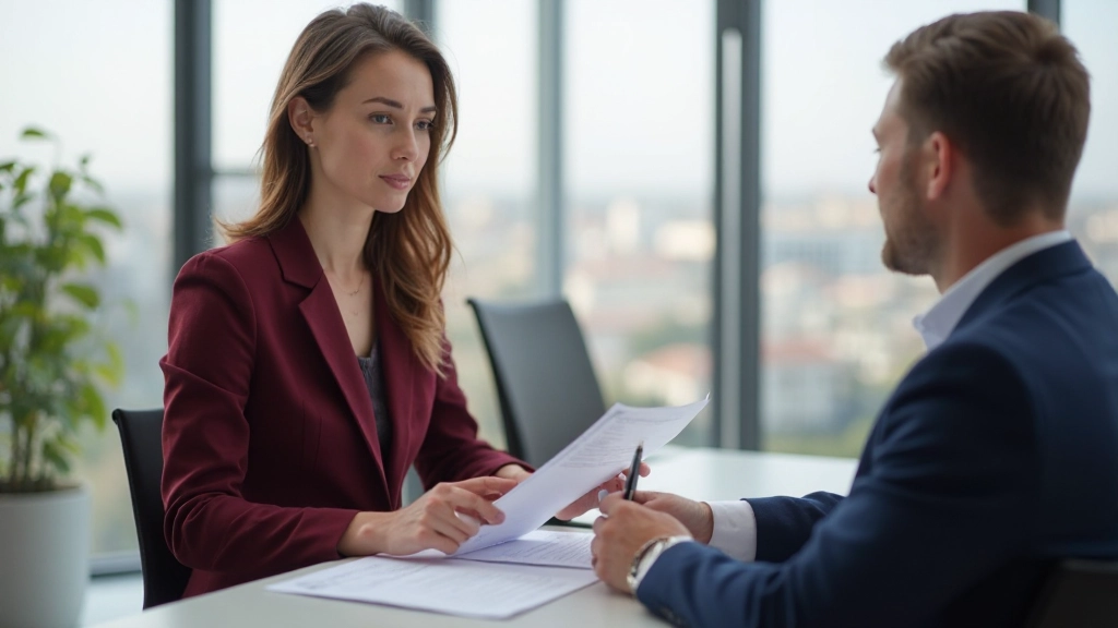 Специалист по налогам обсуждает документы с клиентом в офисе