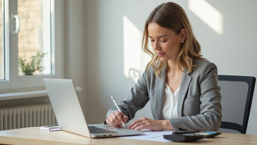 Женщина планирует бюджет с помощью ноутбука и калькулятора