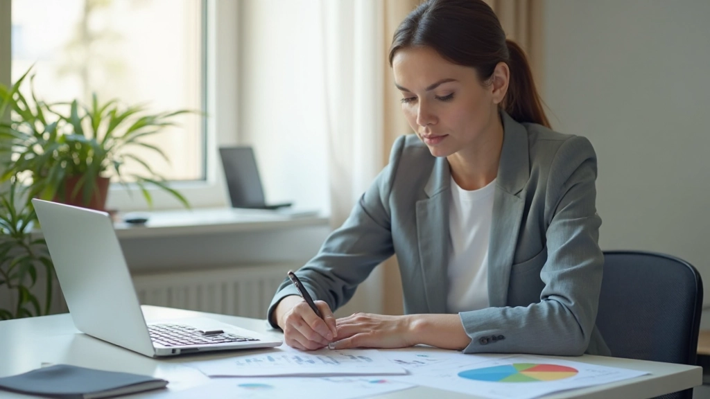 Профессиональное рабочее место с документами по финансовому планированию, калькулятором и графиками роста