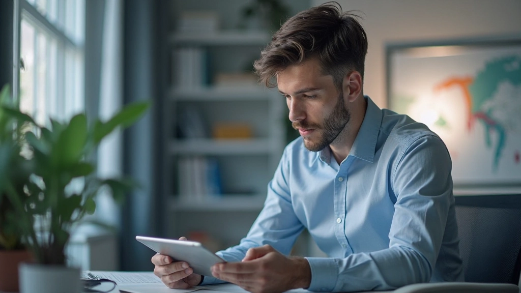Профессиональное фото молодого человека, изучающего финансовые графики и диаграммы на экране планшета
